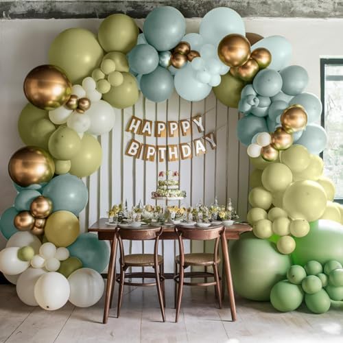 Image of Dusty Blue Green Balloons,12 Inchs Sage Green Blue Sand White Gold Confetti Latex Balloons for Eucalyptus Birthday Boho Bridal Shower Wedding Decorations