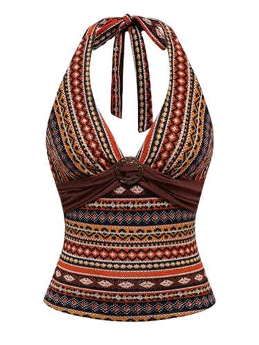 GORGLITTER Women's Leopard Ruched Crop Halter Tops V Neck Tie Backless Grunge Punk Y2K Tops Brown Geo Small