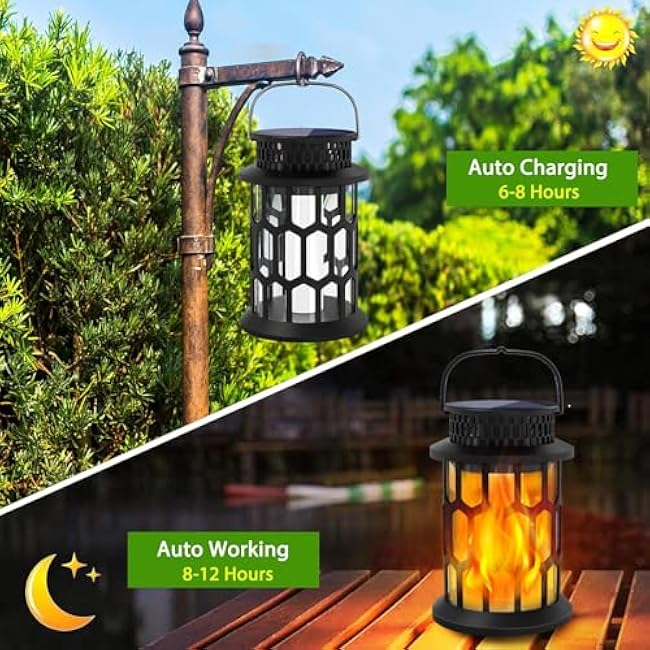 Solar Lights for Outside, Upgraded Solar Lanterns Flickering Flame Outdoor Waterproof Hanging Lanterns Decorative Solar Powered Outdoor Lighting LED Flame Garden Lights for Patio Deck Yard, 2 Packs