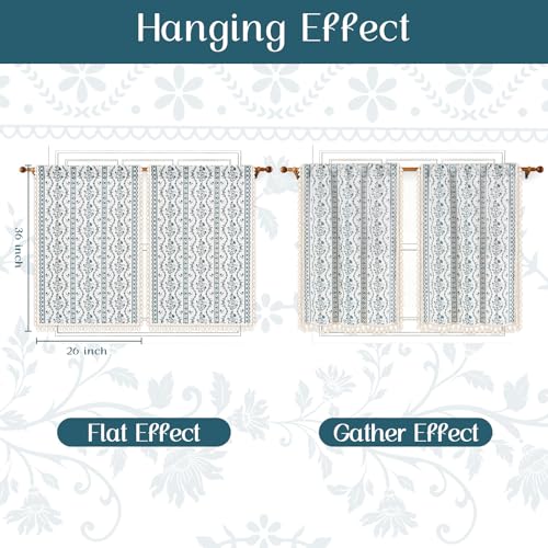 Image of Yinhua Boho Kitchen Curtains 36 Inch Length Vintage Linen Cafe Curtains Light Filtering Bohemian Floral Tier Rod Pocket Farmhouse Rustic Tassel Small Drapes with Tiebacks, 2 Panels, White Blue