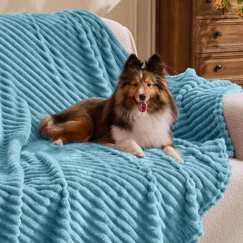 Image of BEDELITE Fleece Throw Blanket for Couch - 3D Ribbed Jacquard Soft and Warm Decorative Fuzzy Blanket - Cozy, Fluffy, Plush Lightweight Washed Blue Throw Blankets for Bed, Sofa, 50x60 inches
