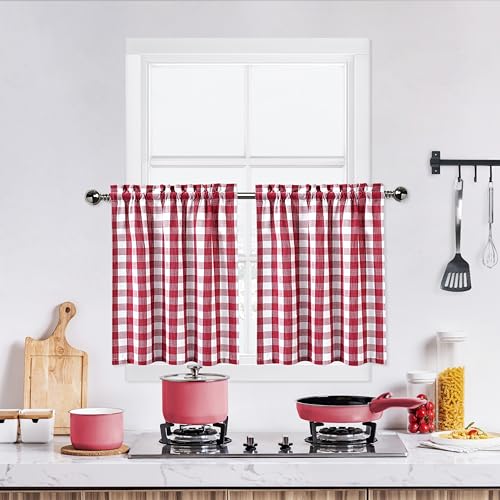 Bapawfish Rideaux de cuisine à volants rouges et blancs de 91 cm de long, motif à carreaux Buffalo bordeaux Gingham avec passe-tringle pour fenêtre, rideaux...
