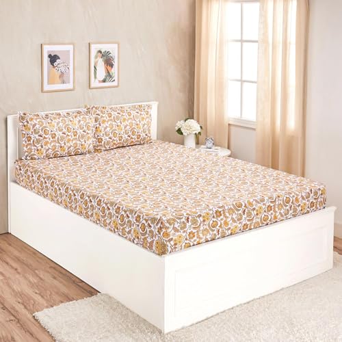 Amazon Brand - Solimo Queen Size Fitted Bedsheet with 2 Pillow Cases | 200 TC | 100% Cotton | Washing Machine Washable | Fits Up to 7 Inch Mattress | 78 X 60 Inches | Floral Design (Rust)