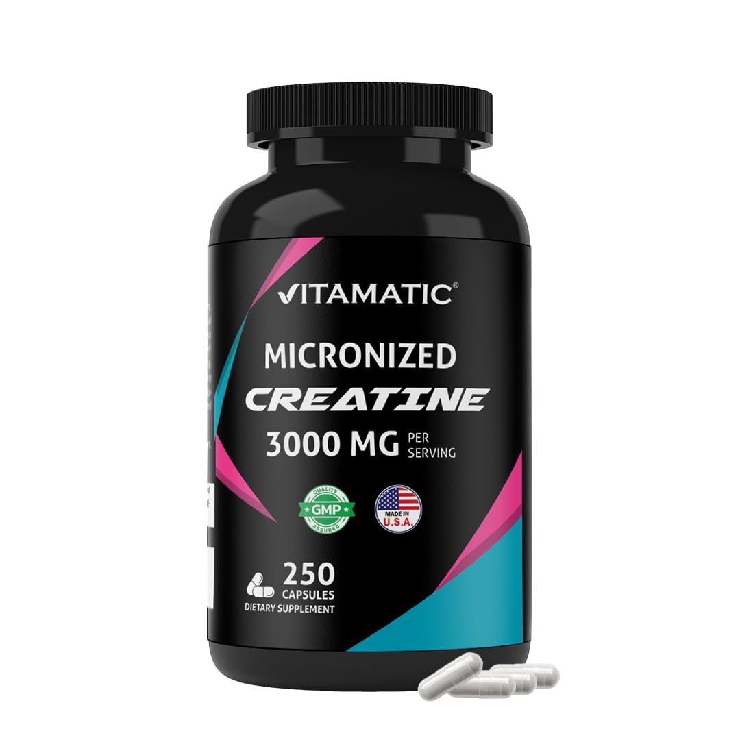 Vitamatic Micronized Creatine Monohydrate 3000 mg Per Serving – 250 Capsules – High Purity Creatine for Daily Performance Support – Non-GMO, Gluten-Free, Made in USA