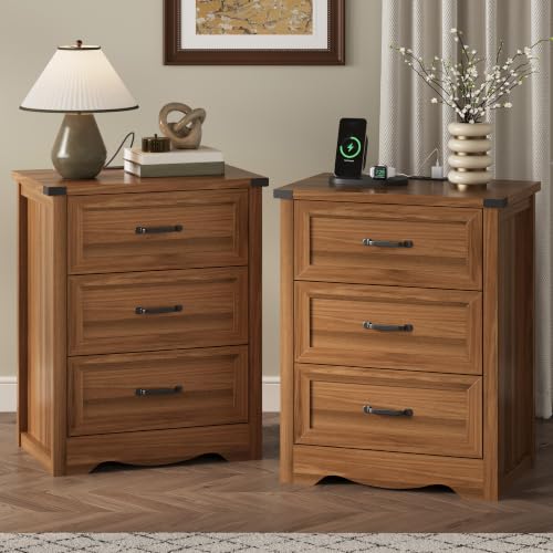 Image of Xixini Nightstand Set of 2 with Charging Station,Walnut 3-Drawer Side Table