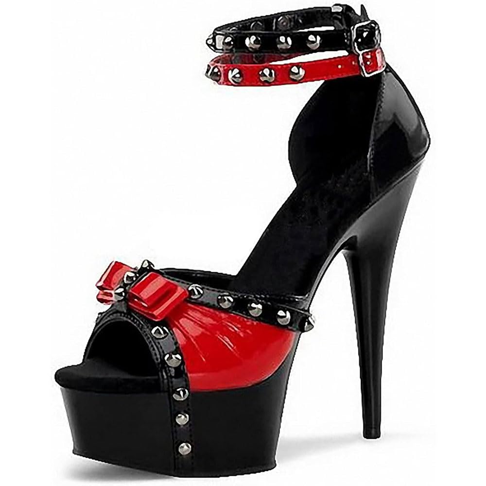 Hyfzxwx Women's Black Rivets Ankle Strap Sandals Dress Pumps, Stiletto High Heels Sexy Stripper Performance Pole Dance Shoes Wedding Party Prom Shoes Thigh/Black/39Eu