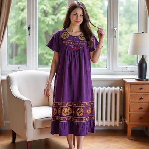 Loungees Women’s Lounge Dress - Comfortable Boho Midi Muu Muu Dress with Printed Border, Relaxed Fit Crinkle Cotton Gauze, Roomy Sleeves & Side Pockets - Casual Lounger for Women (Purple, Medium) by Loungees - Used condition - Image 4