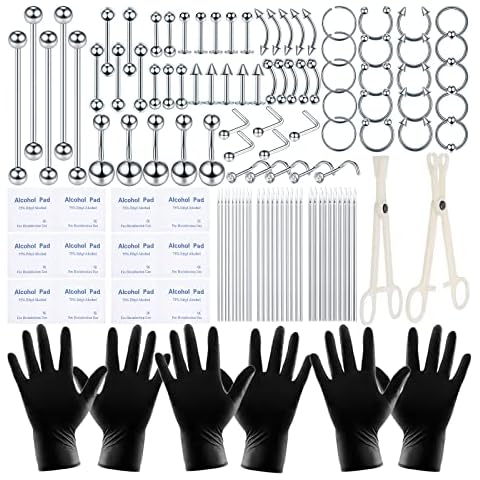 ChiMunllin 120PCS Body Piercing Kit Surgical Steel 14G 16G 20G BCR CBR Labret Lip Rings Cartilage Daith Earrings Nose Septum Nose Studs Belly Button Rings Jewelry Needles Gloves Clamps Tools Cover