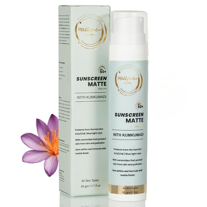 MUDDY WATER Sunscreen Matte SPF 50 PA+++| UVA/UVB & Blue Light Protection with Kumkumadi for Skin Brightening |Non-Greasy, Hydrating Formula |Suitable for All Skin Types |50g