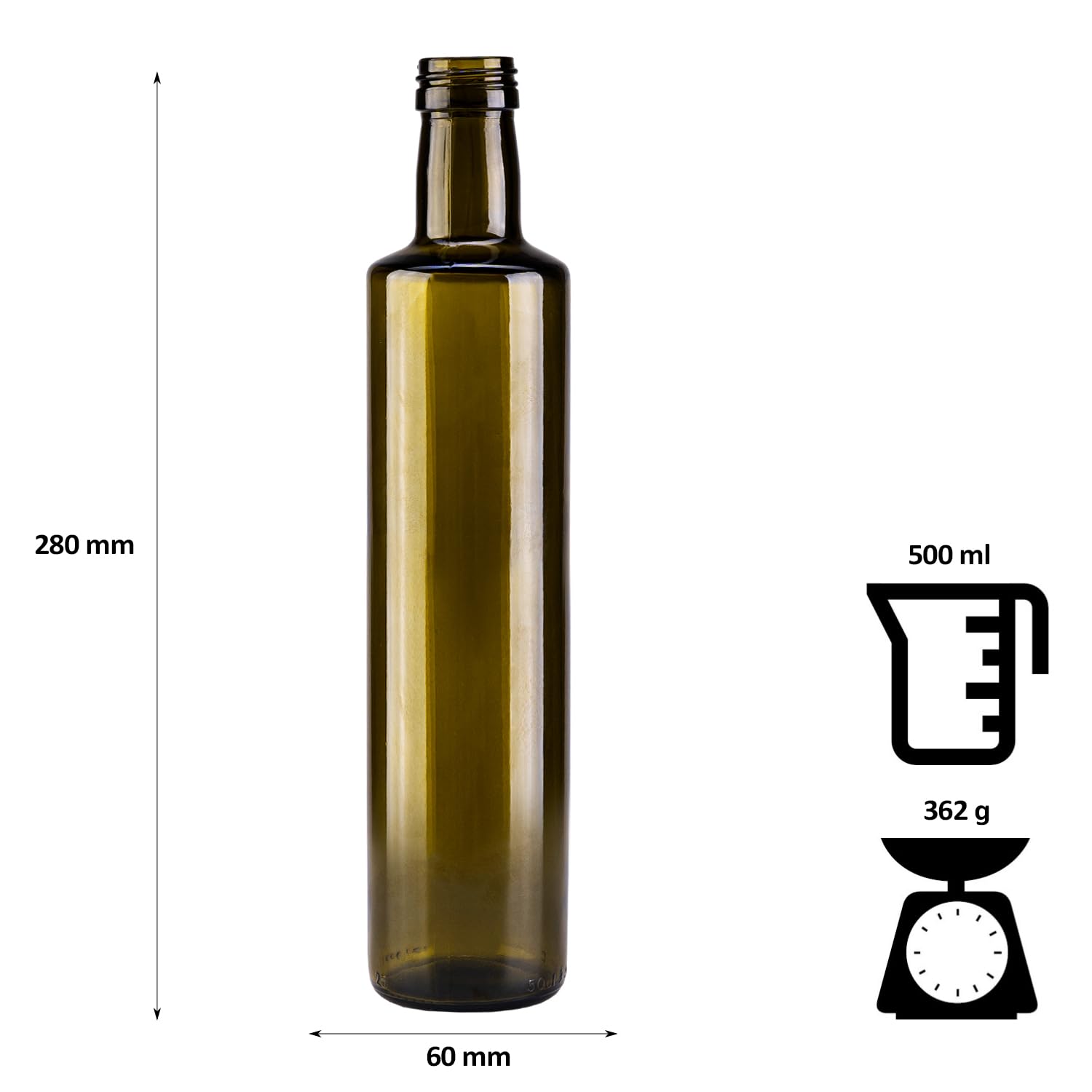 Szklana butelka Dorica 500 ml z dozownikiem – na olej, oliwę z oliwek i wino (40, szkło oliwkowe)
