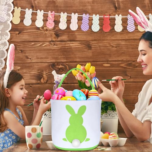 Image of Domensi 16 Pcs Easter Baskets for Kids Bunny Basket Bags Easter Basket Bulk Boys Girls Eggs Hunt Bag with Handles Fluffy Tails Printed Rabbit Bucket Tote for Easter Party Decoration Favor