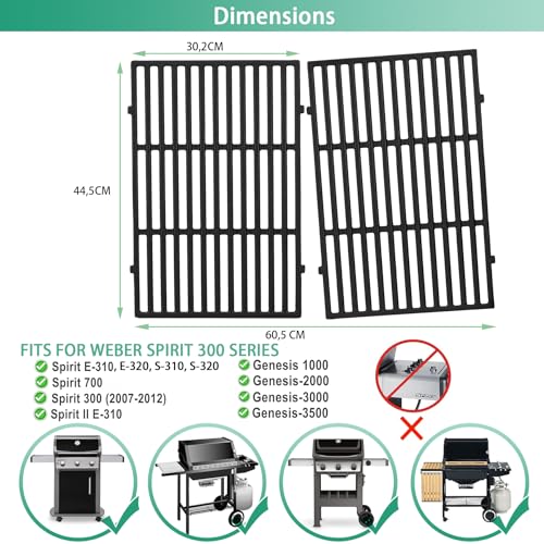 Spirit 300 Gusseisen Grillrost für Weber Spirit 300 Serie E310, E320, E330, S310, S320, S330, SP320 Gasgrills (mit vorderen Bedienknöpfen), 44,5CM 7638 7639 Rost für I & II 300 Ersatzteile Zubehör