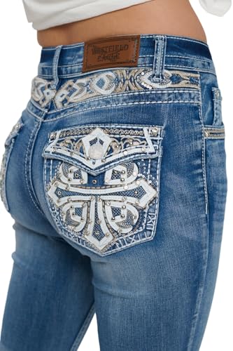 High Waisted-Rise Curvy Embroidered Bootcut - Stretchy Feather Flare Denim Jeans for Women3