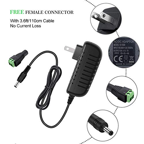 Image of 12V Power Supply, 12 Volt 1A 12W DC Power Supply, Black LED Power Adapter, AC 110V to 12V Wall Mounted Transformer Plug for LED Strip Lights with 5.5 /2.1 DC Female Connector