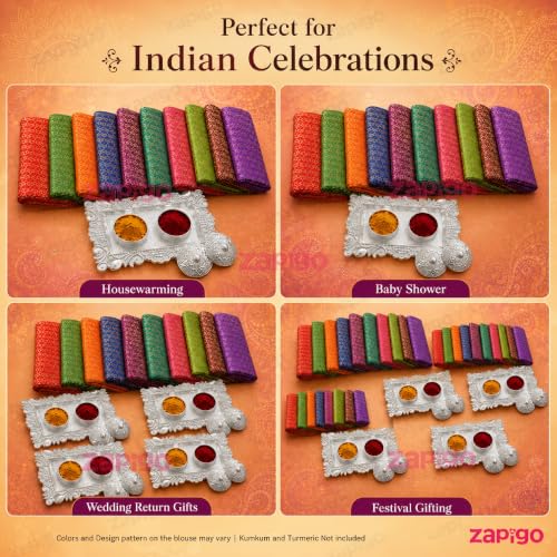 Image of Habba Blouse Piece with Silver Kumkum Box for Women, Silk Blend Fabric & Decorative Haldi Kumkum Holder, Traditional Tambulam Return Gift for Diwali, Navratri, Wedding, Housewarming, Baby - Pack of 5