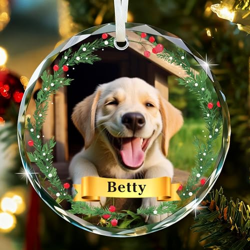 Personalised Dog Christmas Bauble, Pet Xmas Baubles with Photo, Custom Dog Ornaments for Christmas Tree Decorations, Acrylic Dog Cat Memorial Xmas Bauble Gifts (Round)