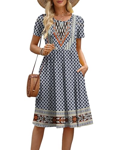 Image of COSSEN Women's 2026 Summer Midi Dress Crew Neck Short Sleeve Casual Tshirt Flowy Loose Sundress with Pockets