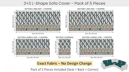 Image of Luxury Sofa Cover L Shape 6 Seater - Indigo Geometric Paisley 3+3 Seater (6 Seater) Quilted Sofa Cover Set Pack of 5, Washable, Indigo Ivory