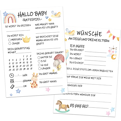 30x Babyparty Spiele Karten zum Ausfüllen, Super Ratespiel für Babyshower oder Gender Reveal, Baby Tippkarten für Jungen und Mädchen -Beidseitig Bedruckt (Deutsch) Cover