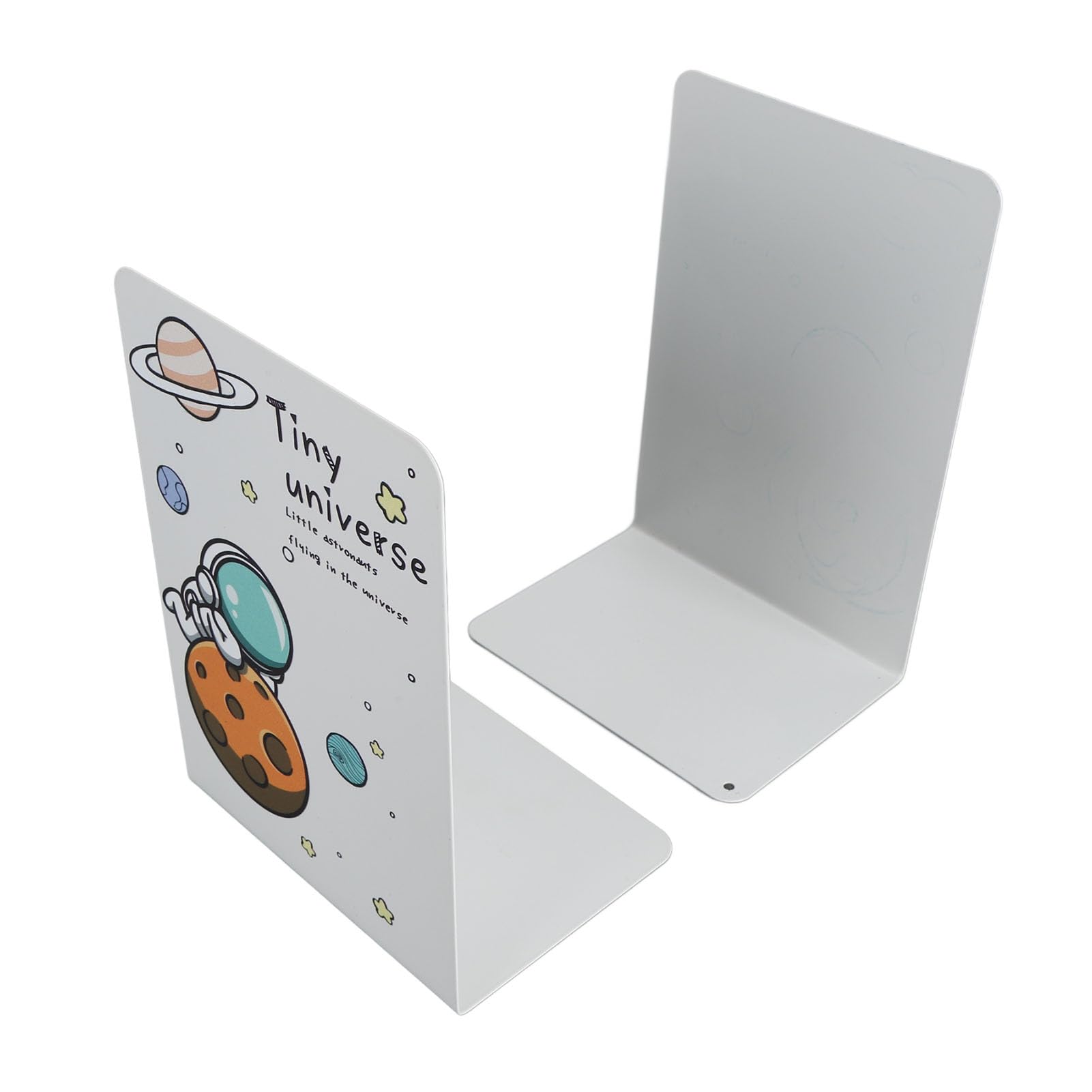 Xiuganpo Metal Bookends Sturdy Non Skid Heavy Duty Book Stopper for Neat Display, Steel Book Ends for Libraries Schools Homes, 2 Units (White Universe)