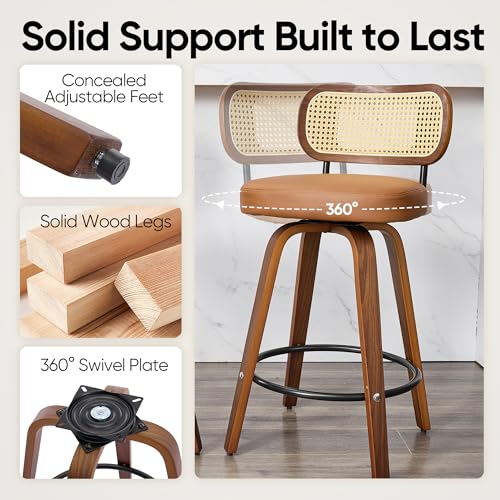 Image of Natural Rattan Bar Stools Set of 2,Upholstered PU Leather, 26'' Counter Height Barstools with Back and Wood Legs,360Swivel,Mid-Century Modern Bar Stool for Kitchen Island Dining Room and Bar(Brown)