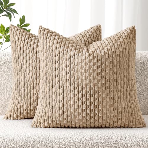 MIULEE Pack of 2 Decorative Throw Pillow Covers 18x18 Inch Soft Boho Striped Textured Corduroy Pillow Covers Modern Farmhouse Home Decor for Couch Bed Sofa Living Room Neutral Tan