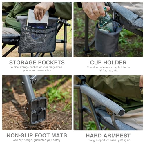 Image of EVER ADVANCED Padded Oversized Folding Camping Chair for Adults, Heavy Duty Lawn Chair with Side Pockets, Portable Collapsible Quad Chair for Outside, Support Up to 500lbs, Grey 2Pack