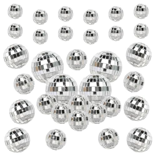 Mini Disco Balls 32Pcs Silver Disco Balls Mirror Disco Ball Hanging Mini Disco Ball Decorations for Party Home Wedding Christmas(4 Size)