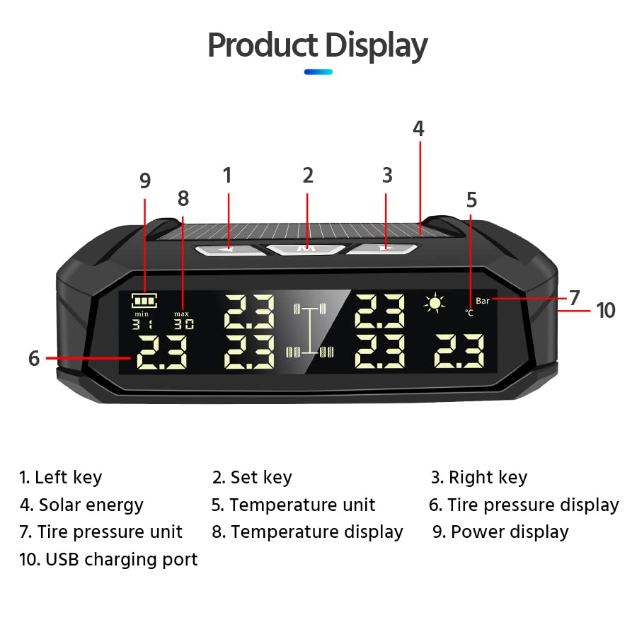 Tpms Sistema di monitoraggio della pressione dei pneumatici for auto solare, display digitale della temperatura dei pneumatici, sistemi di allarme di sicurezza for auto con 6 sensori Pressione Pneumat