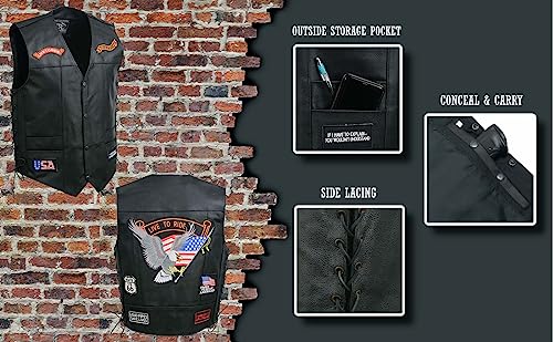 ELM3930 Men’s Black Motorcycle Riders Leather Vest w/ 9 Patches and Adjustable Side Laces2