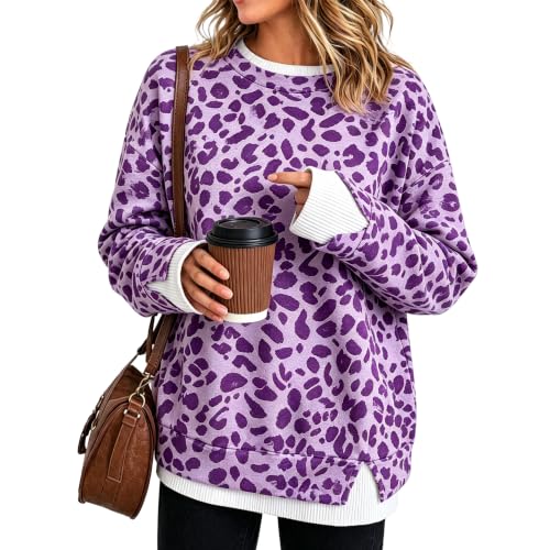 Oversized Crewneck Sweatshirt Women Y2K Leopard Print Patchwork Sweatshirt - image 8