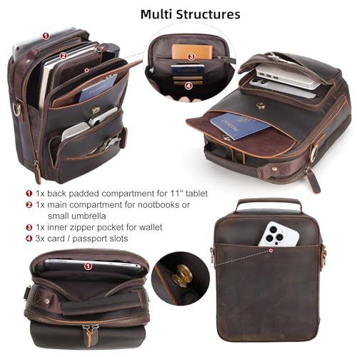 Masa Kawa Leather Messenger Shoulder Crossbody Bag for Men Fits 11 Inch Tablet, Small Flap Multi Pockets Daily Commuting Work Satchel Bags, Vintage Brown4