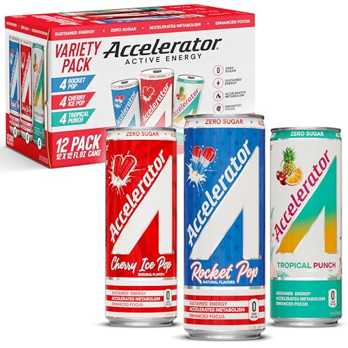 Accelerator Active Energy Drink Sugar Free Zero Carbs, Variety Pack, 12oz can(12 pack) Enhanced Focus & Sustained Energy from 100% Natural Caffeine (200mg), Ashwagandha, Coq10 & Green Tea Extract