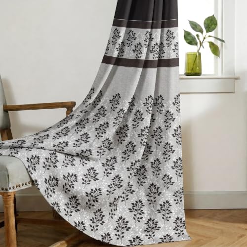 Image of Home Sizzler 2 Pieces Dual Tone Botanical Print Polyester Semi- Transparent Eyelet Door Curtains- 7 Feet, Brown