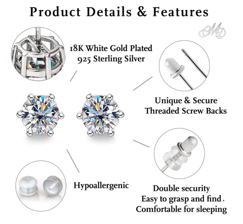 CMD Moissanite Stud Earrings, No Poke Screw Back, 4 or 6 Prong 18K White Gold-Filled Vermeil, Lab Grown 1ct 2ct, D Color VVS1 Brilliant Round Cut, Hypoallergenic, GRA Certified & Engraved, Gift Ready2
