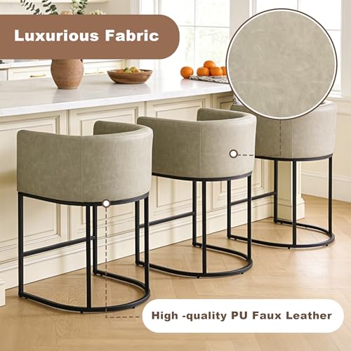 Image of 26 inch Counter Height Bar Stools Set of 3, Faux Leather Upholstered Barrel Chairs with Back and Arms, Metal Frame Kitchen Island Stools with Footrest, Stone Gray