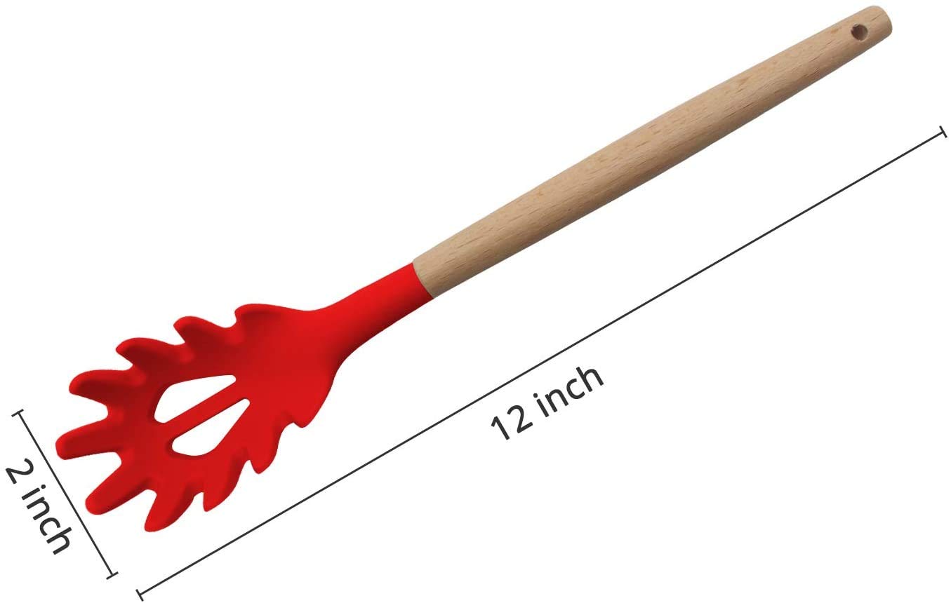 Woodtula Silicone Pasta Fork Food Grade Noodle Spoon with Natural Wooden Handle, BPA Free, Spaghetti Strainer & Server Spoon (Red)