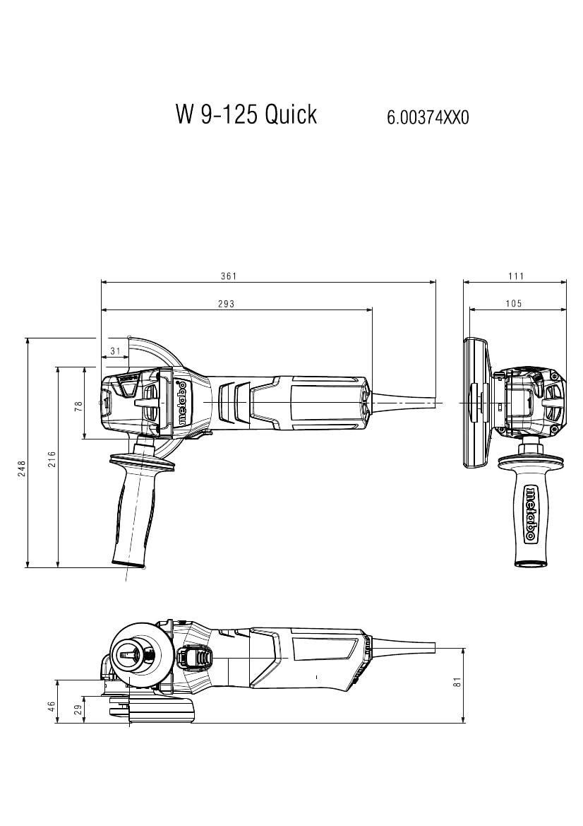 Metabo Mini Amoladora Angular con cable W 9-125 Quick (900W, Ø del disco 125mm, 10.500 rpm, Sistema M-Quick, Embrague de seguridad S-automatic, Seguro contra puesta en marcha involuntaria)