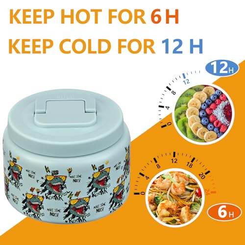 Image of PIQUEBAR 8oz Kids Thermo for Hot Food,Small Lunch Thermo Food Container Stainless Steel,Easy Open Wide Mouth Thermo for Hot Cold Food for Preschool Travel (Blue Dinosaur)