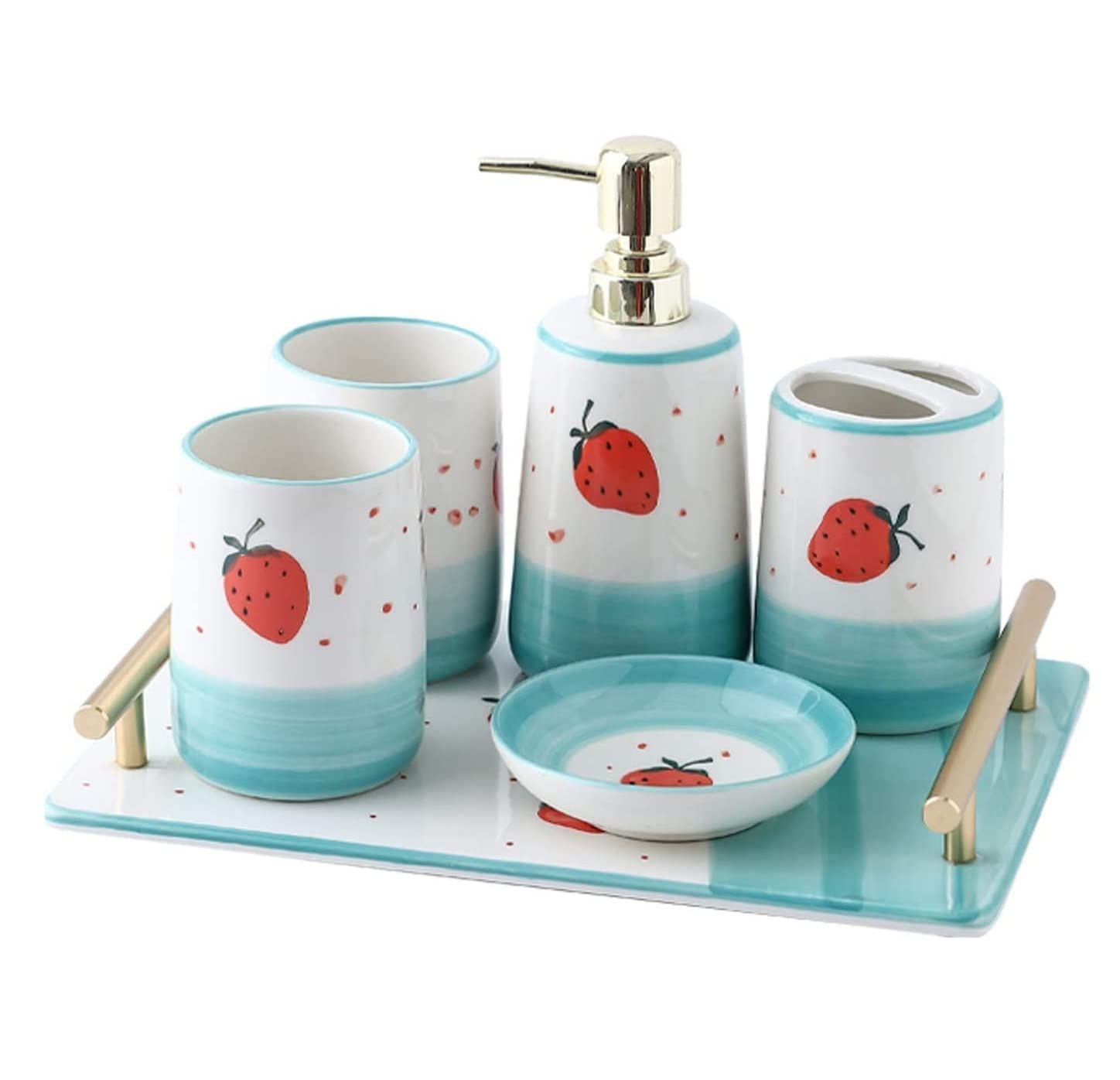Badzubehör Set Badezimmer Zubehör Set Keramik-Badezimmer-Accessoires-Set, Kreatives Bad-Set, Erdbeermuster, Niedliches Badezimmer-Set Als Geschenk Badezimmer Set ( Blue : Blu , Size : 6-piece set )