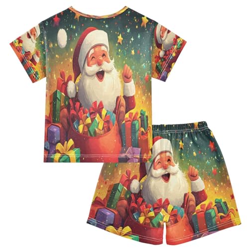 ALAZA Santa Claus Star Colored Merry Christmas Pajamas Set Short Sleeve Cotton Sleepwear Summer Pjs 2 Piece 5-14Y2