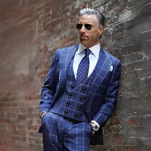 Men's 3 Piece Plaid Suits for Men Slim Fit Double Breasted Tuxedo Blazer Jacket Vest Pants Bussiness Wedding Suit3