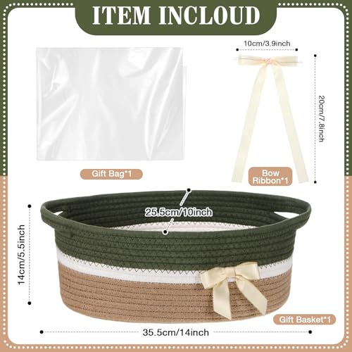 Image of Colingmill 1 Set Woven Basket for Gift Empty with Cellophane Wrap Set 14 x 10 x 5.5 Inch, Medium Decorative Gift Basket Empty to Fill, Cotton Rope Storage Box Decor (Green Khaki)