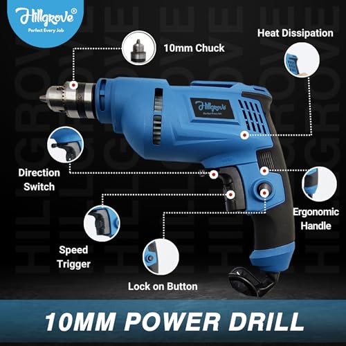 Image of Hillgrove HGCM1091M3 500W Power Drill Machine with 6Pcs Wood Working Hole Saw Drill Bits for Making Holes in Metal /Wood /Concrete with Reverse Rotation and Variable Speed Pistol Drill (10mm Chuck Size)