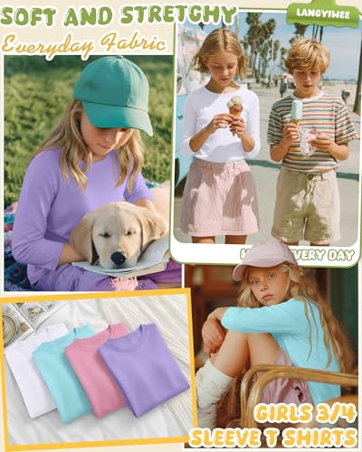 Image of 4 Pack Girls 3 /4 Sleeve T Shirts Kids Crewneck Elbow Sleeve Casual Tops Solid Basic Cute Teen Tees 5-14Y