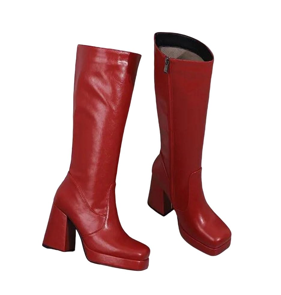 Womens Knee High Boots Platform Heel Round Toe Casual Simple Long Booties