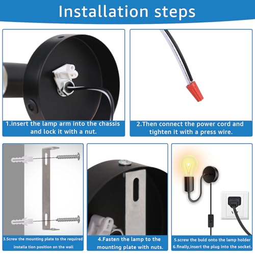 Image of Plug in Wall Sconce with Switch, Industrial Wall Mount Light Fixture E26 Vintage Wall Sconces, with Plug in Cord Black Metal Farmhouse Wall Lamp for Bedroom Living Room Corridor