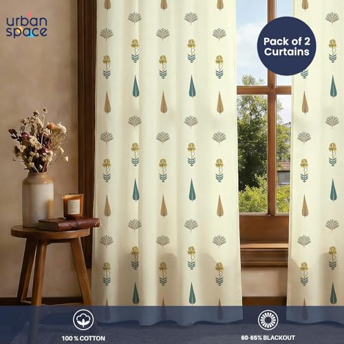 Image of Urban Space 100% Cotton Floral Curtains 8 Feet Long Set of 2, 60-65% Room Darkening, Decorative Curtains with Eyelets /Rings for Hanging, Tieback Included (Orchard Dark Teal, Long Door - 8 Feet)