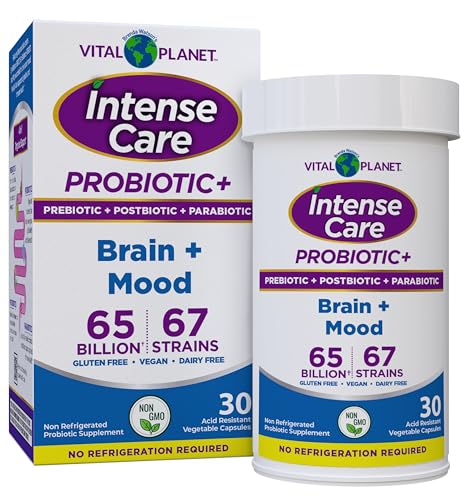 Vital Planet - Intense Care Brain & Mood Probiotics, Organic Prebiotics, Postbiotics, Parabiotics, Complete 4-in-1 Health Supplement for Adults, 65 Billion CFU, 67 Strains, Digestive and Immune 30 ct