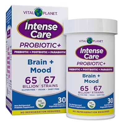 Vital Planet - العناية المركزة Brain & Mood Probiotics ، Prebiotics العضوية ، Postbiotics ، Parabiotics ، مكمل صحي كامل 4 في 1 للبالغين ، 65 مليار CFU ، 67 Strains ، Digestive and Immune 30 ct